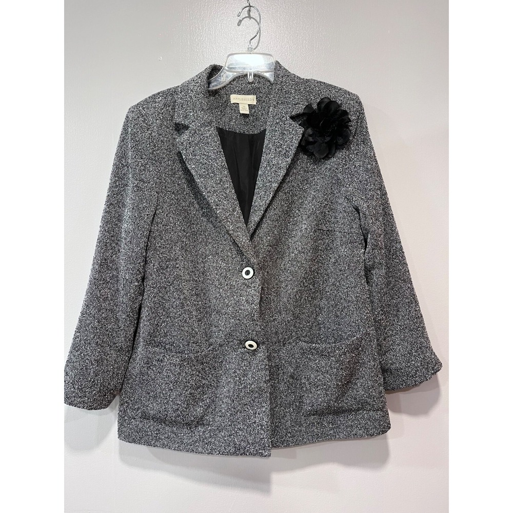 Appleseeds Vintage Womens Tweed Blazer Jacket Size 16 Black & Gray With Floral A